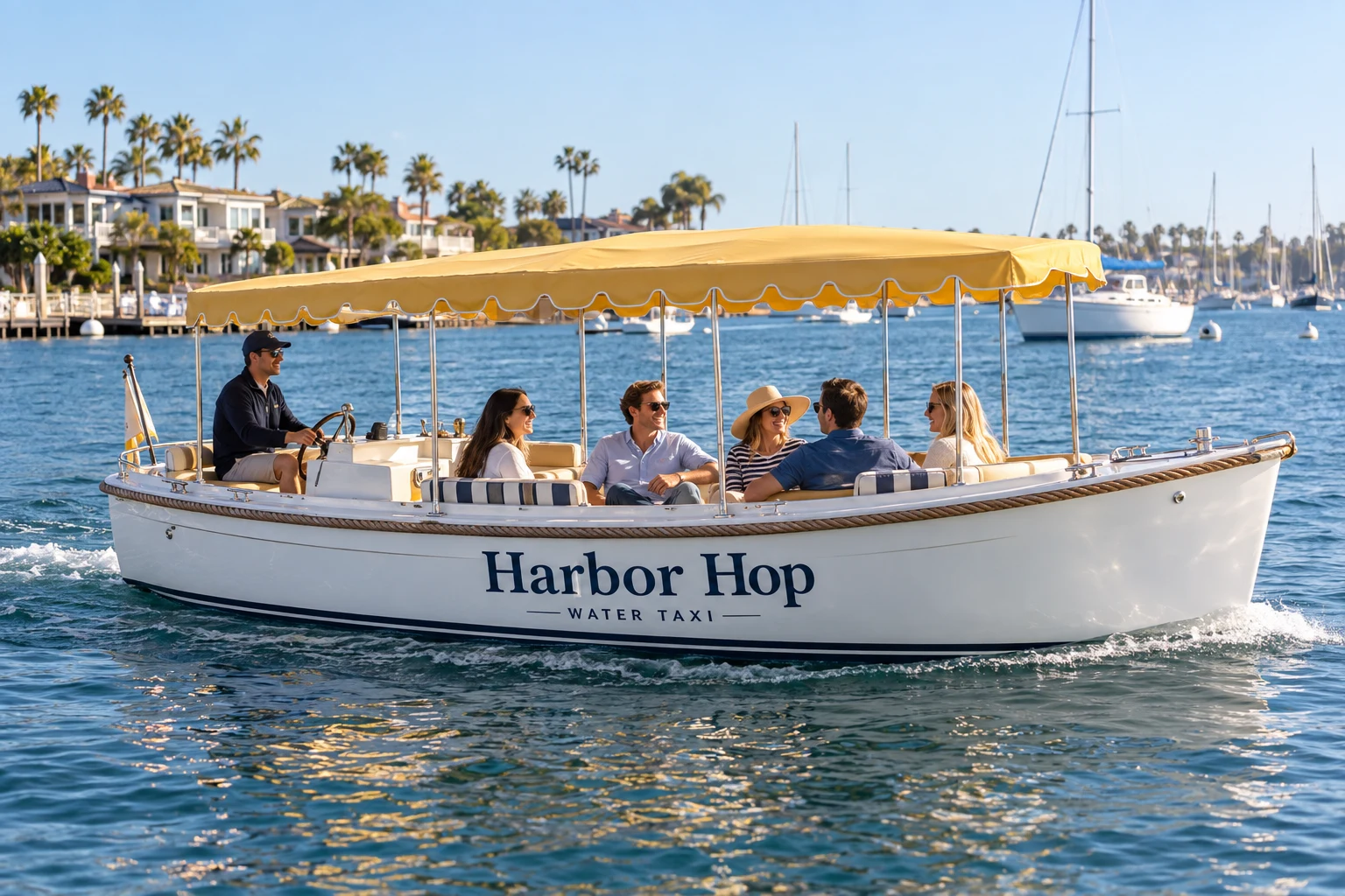 Concept image of a white Harbor Hop launch with a yellow canopy cruising a sunny harbor