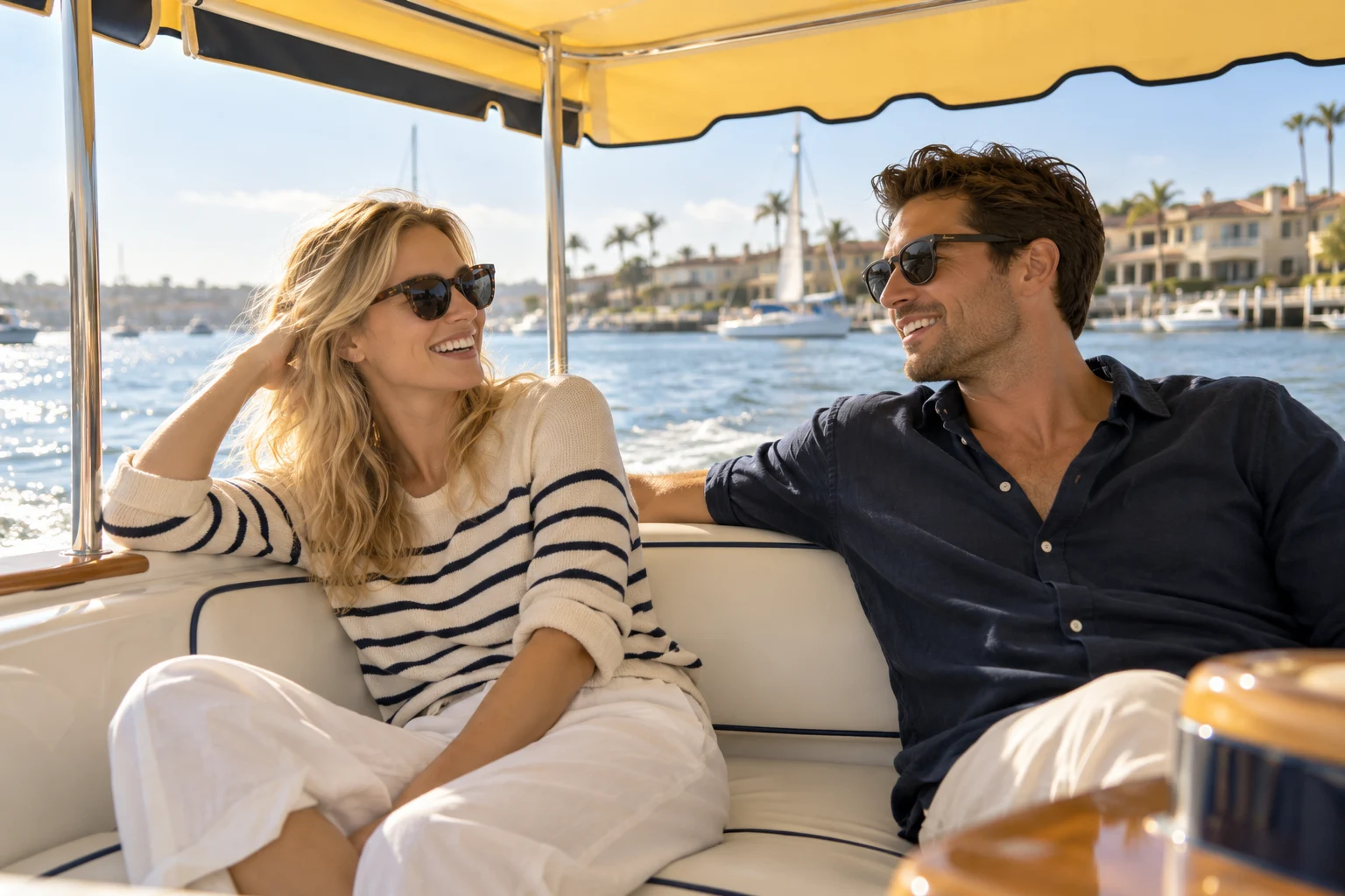 Concept photo of friends enjoying the harbor from a covered boat